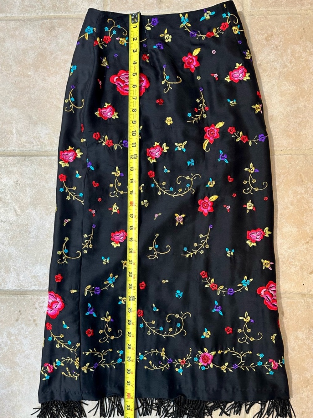 Vintage 90’s CLIO Silk Maxi Skirt 4 Black Floral Embroidered Fringe Whimsy Fairy - Picture 7 of 9